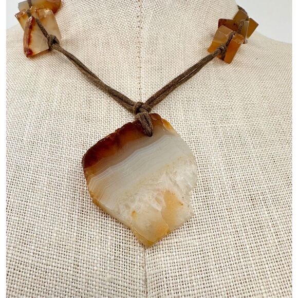 Vintage Amber Agate Stone Beaded Pendant Necklace 18” Twine Cord Silver Tone Lob - Picture 3 of 6